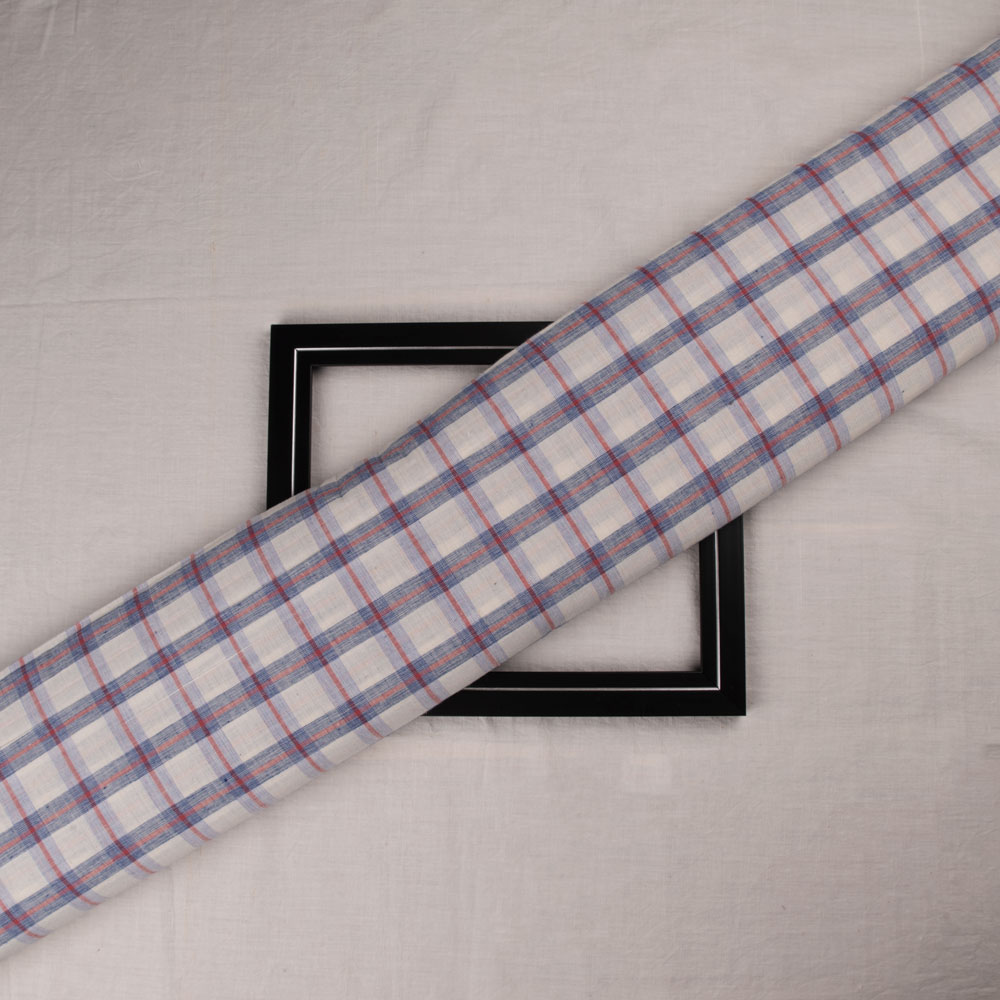 Check White Blue & Red Khadi Cotton 100 GSM Handwoven Fabric