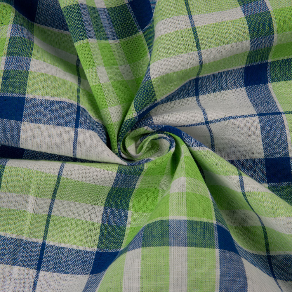 Check Blue Green & White Pure Cotton 95 GSM Handwoven Fabric