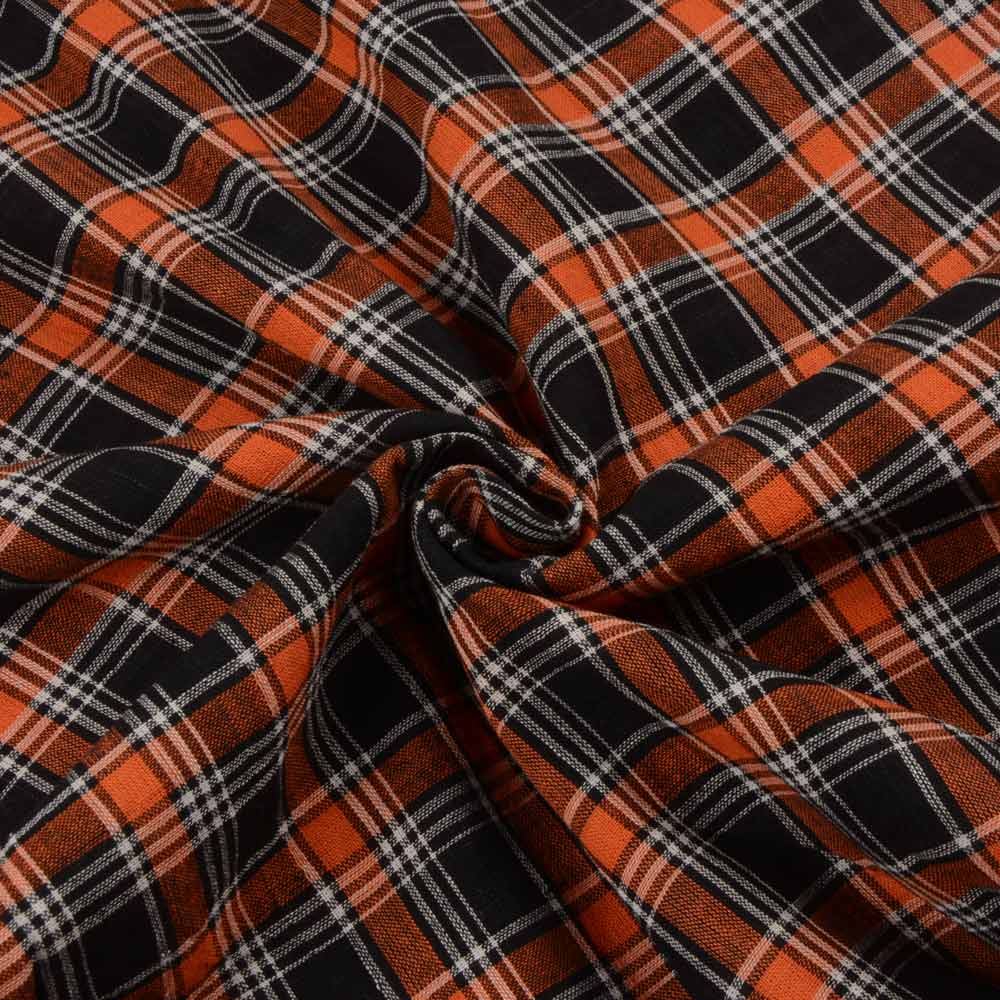 Check Orange & Black Pure Cotton 93 GSM Handwoven Fabric 118