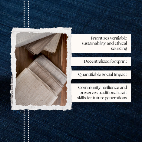Handwoven neutral fabrics stacked on wooden surface highlighting ethical sourcing, decentralized production, and measurable artisan impact