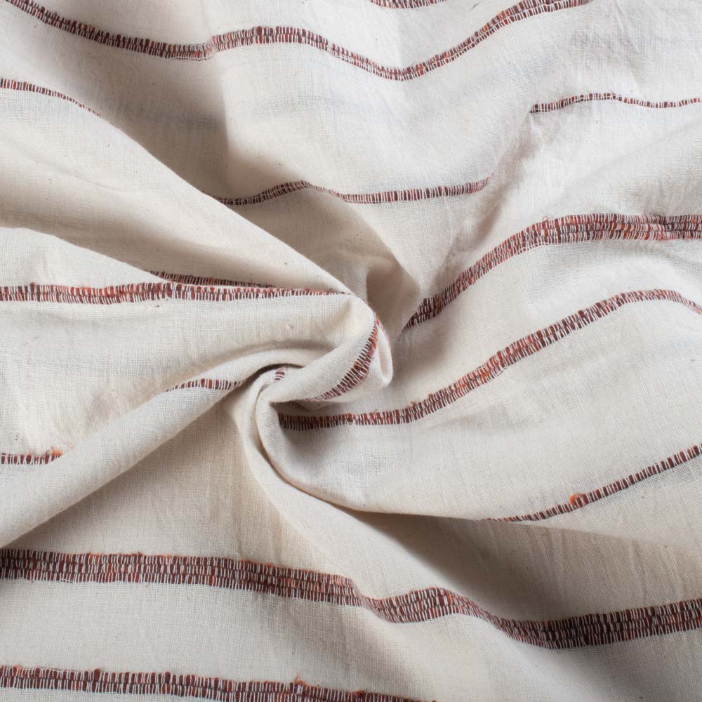 Extra Weft White & Reddish Brown Stripe Pure Cotton 130 GSM Handwoven Fabric