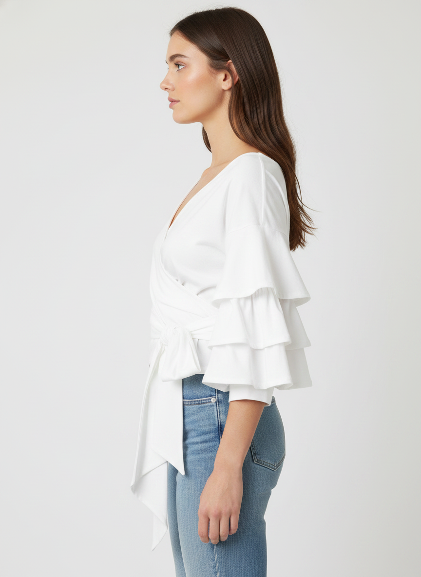 Tiered Gathered Sleeves Top With Waist Tie