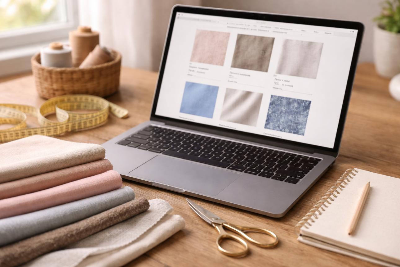 Laptop displaying an online fabric store with premium textile samples on a designer's workspace, representing online shopping for authentic Jamdani dress material.