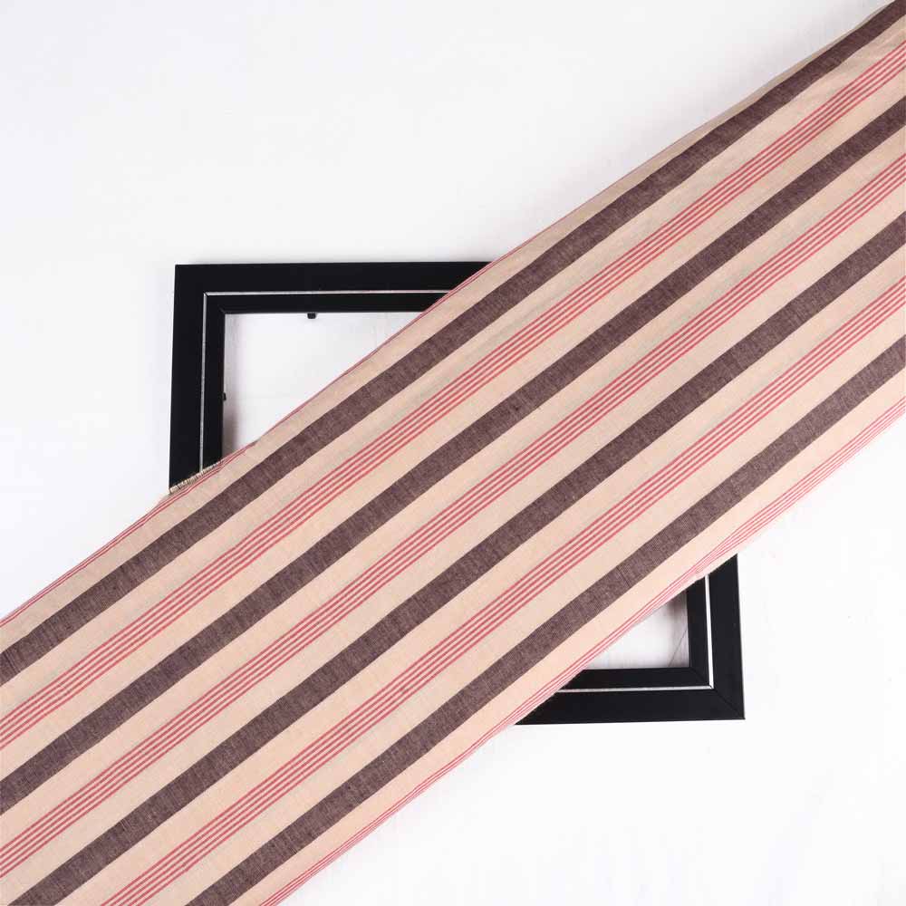 Stripe Peach Brown & Red Pure Cotton 90 GSM Handwoven Fabric