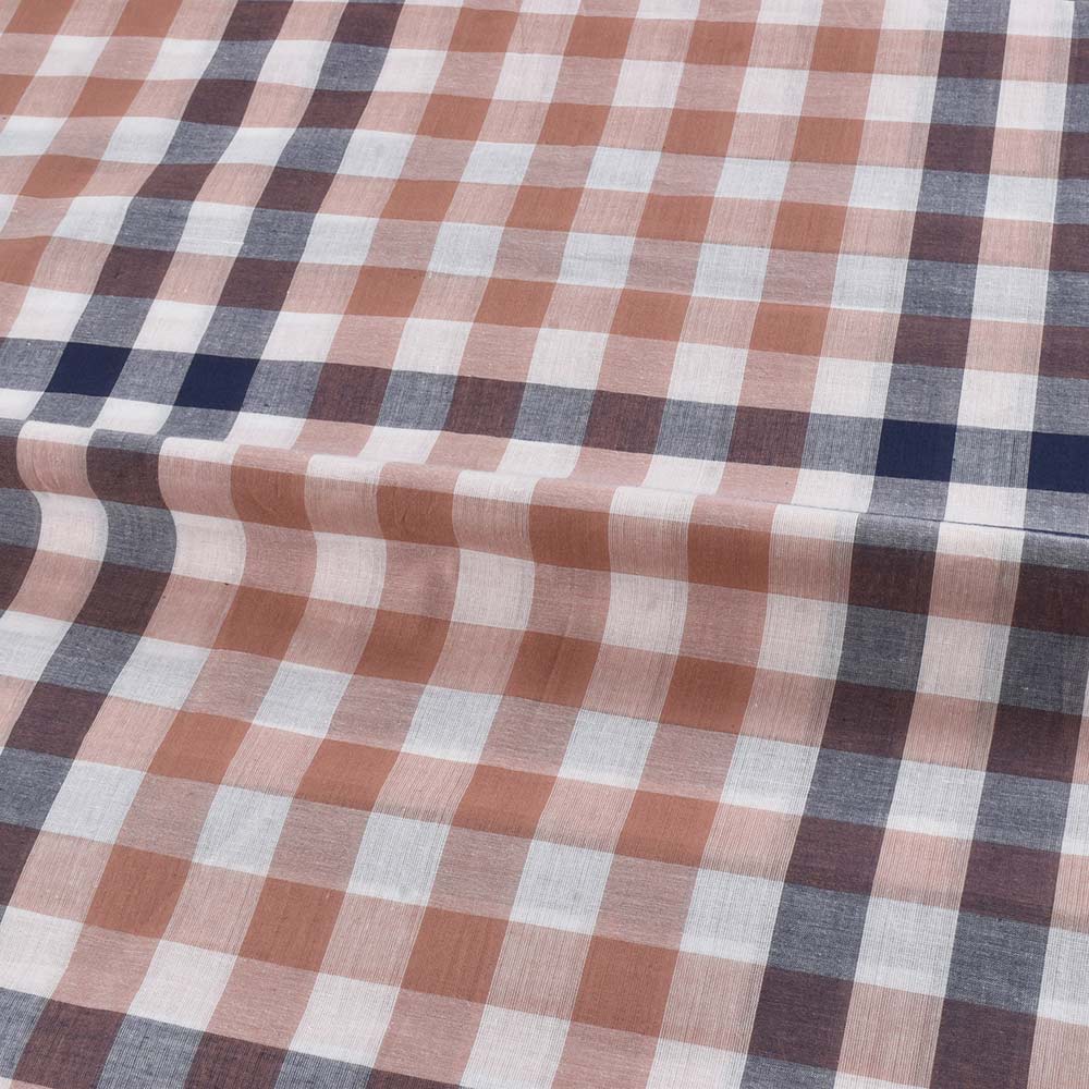CHECK WHITE BLUE & BROWN PURE COTTON 95 GSM HANDWOVEN FABRIC