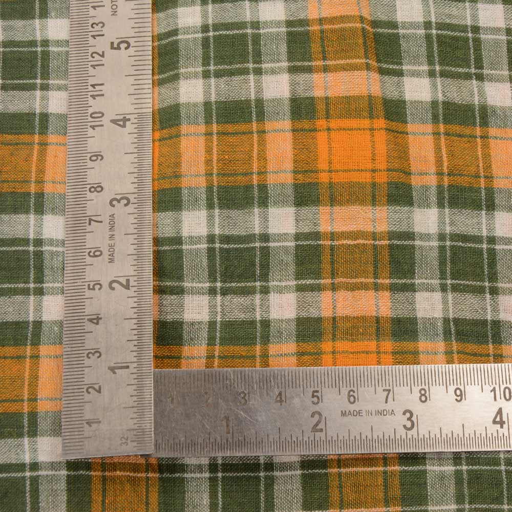 CHECK ORANGE & GREEN PURE COTTON 87 GSM HANDWOVEN FABRIC