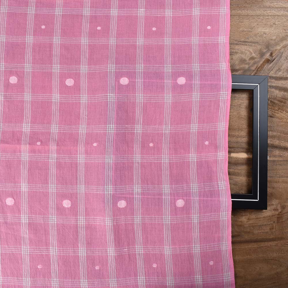 CHECK PINK WHITE JAMDANI PURE COTTON 65 GSM HANDWOVEN FABRIC