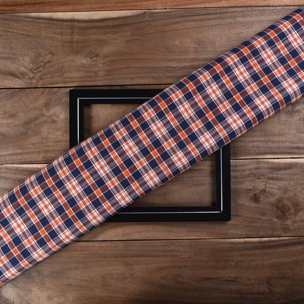 CHECK ORANGE & BLUE PURE COTTON 92 GSM HANDWOVEN FABRIC