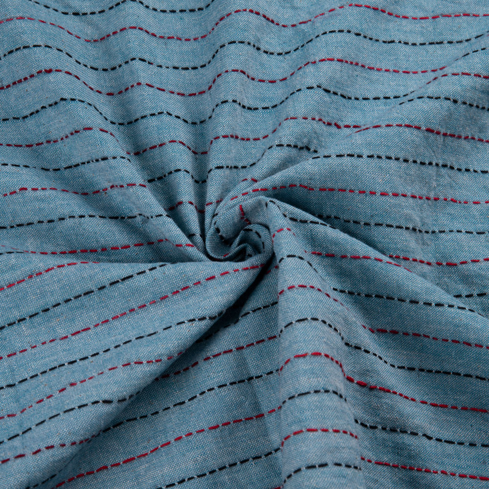 Stripe Blue Kantha Embroidered Khadi Cotton 141 GSM Handwoven Fabric
