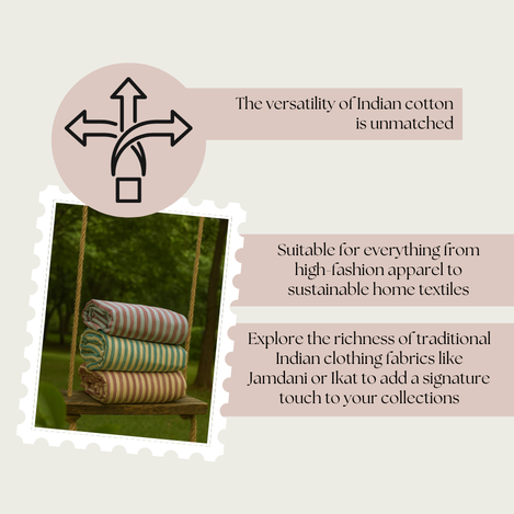 Different Indian cotton fabric textures suitable for apparel, home textiles, and sustainable collections