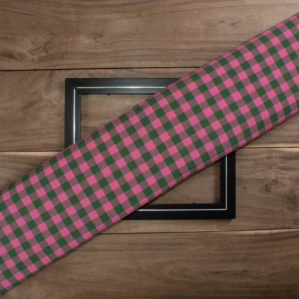 Check Pink & Olive Pure Cotton 110 GSM Handwoven Fabric 730