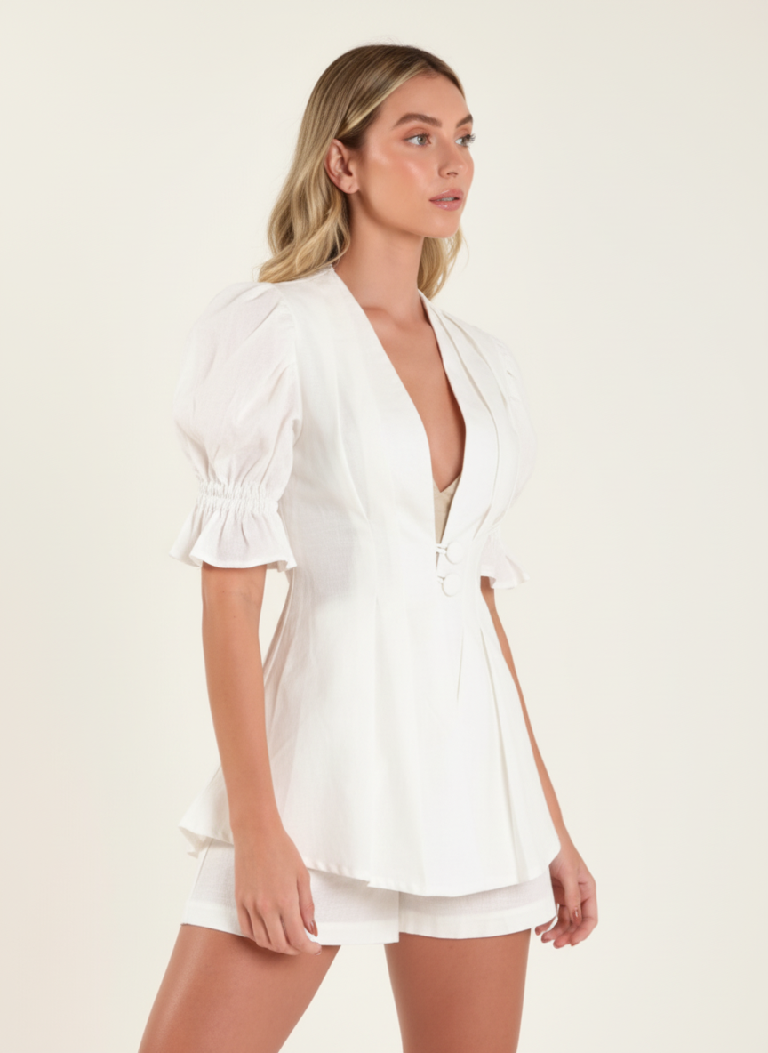 Gathered Sleeve Deep V Top & Shorts Co-ord Set