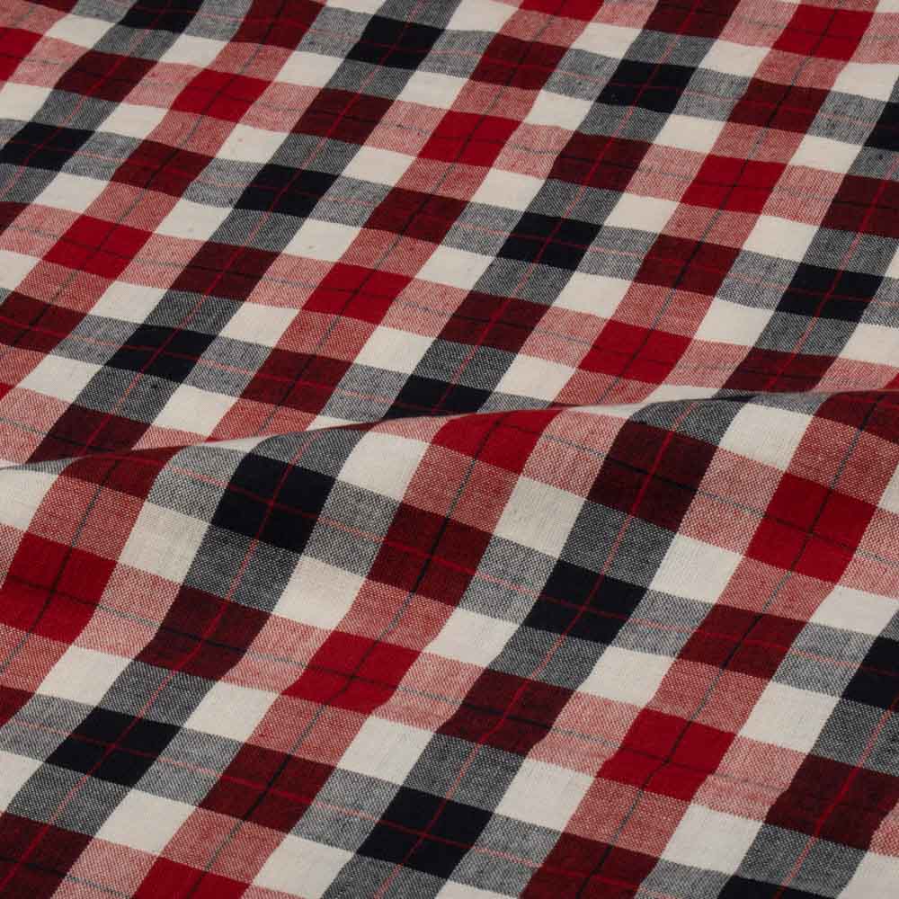 Check Red Black & White Pure Cotton Handwoven Fabric