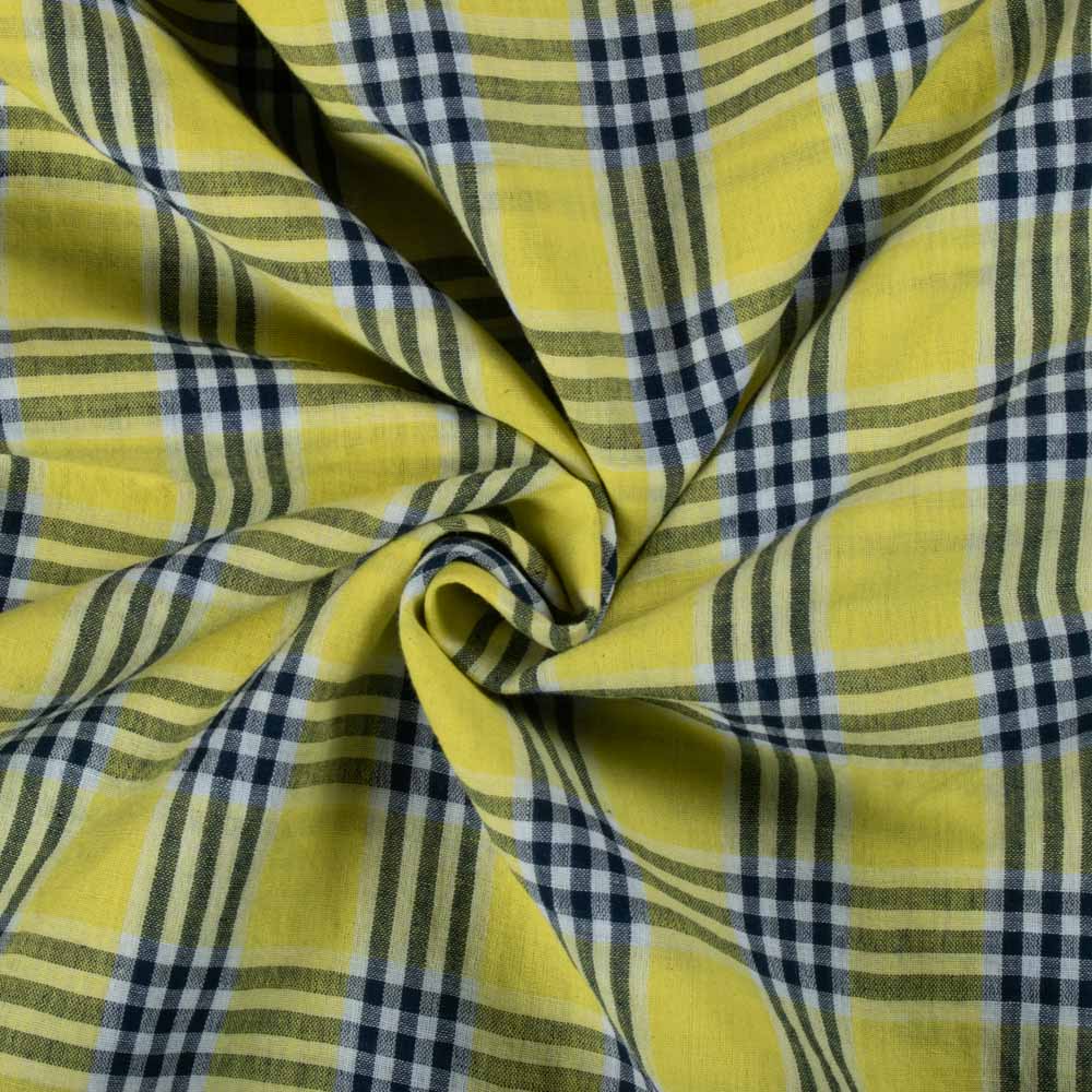 Yellow Base Black & White Check Pure Cotton 70 GSM Handwoven Fabric