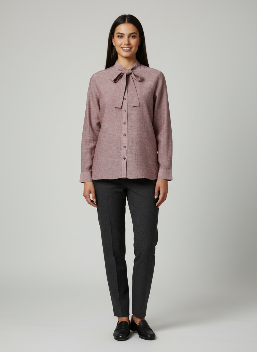 Band Collared Shirt With A Bow-Center Buttoned Placket