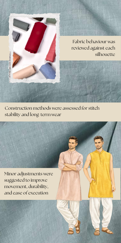OAligning garment silhouettes with handwoven cotton fabric behaviour before samplingverview of a small men’s ready-to-wear collection including styles, quantities, fabric, market, and timeline