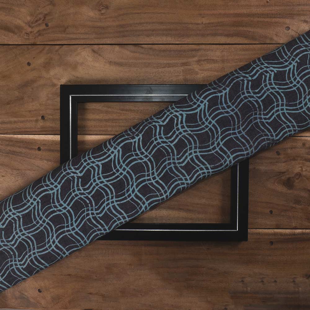 Wavy Blue Black Discharge Block Printed Pure Cotton 88 GSM Handwoven Fabric