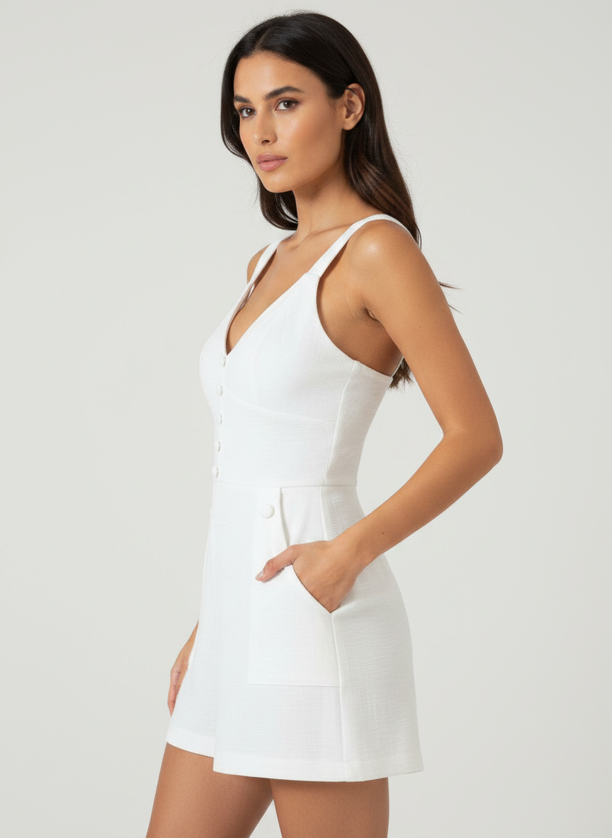 Deep V Neck Buttoned Elegant Romper