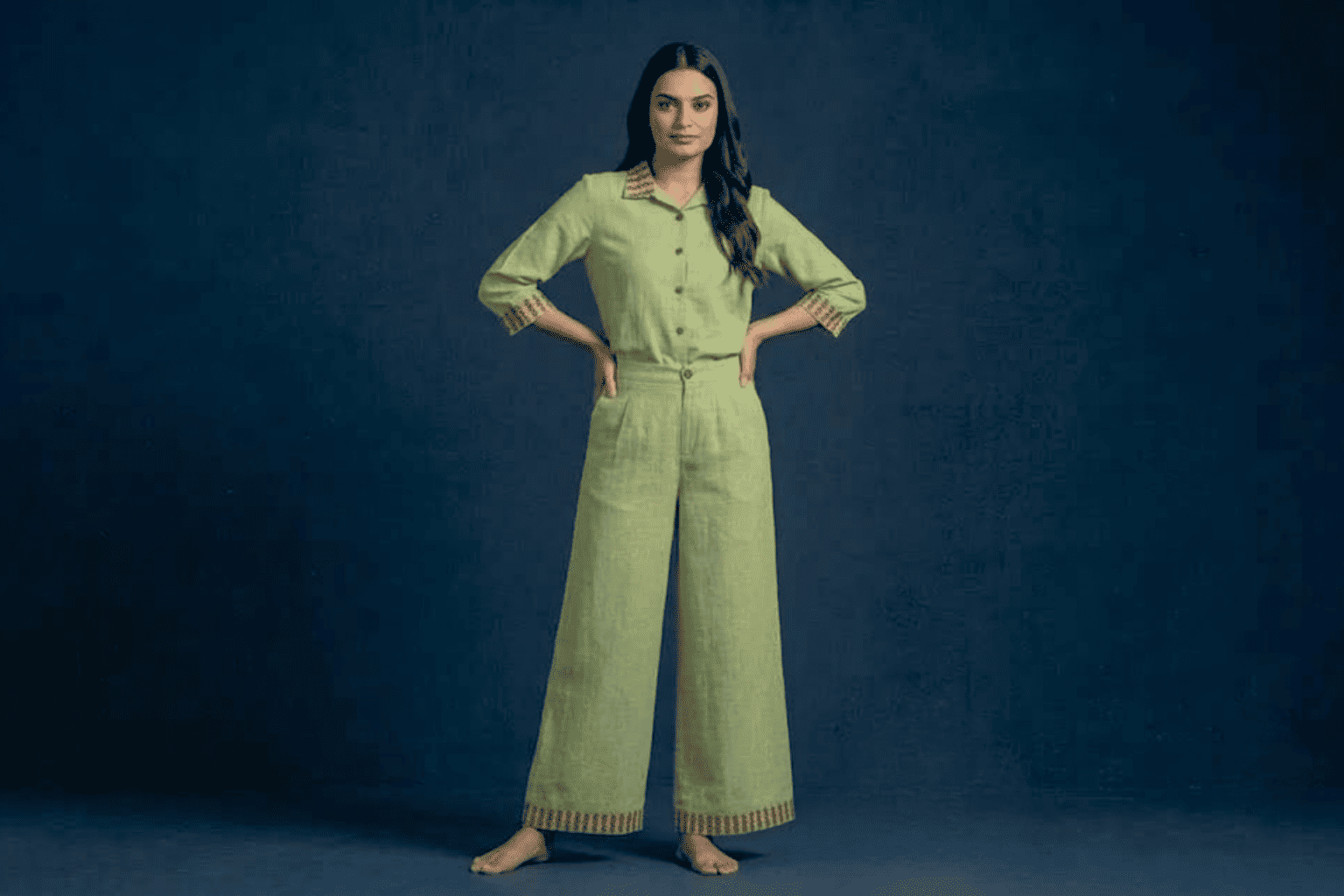 Handwoven embroidered shirt and pants co-ord set for Durga Puja