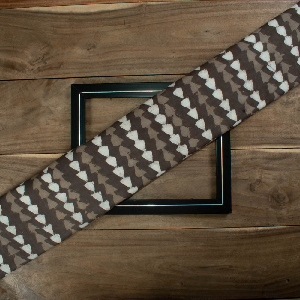Natural Catechu Dyed With White Block Print 103 GSM Pure Organic Khadi Handwoven fabric 76