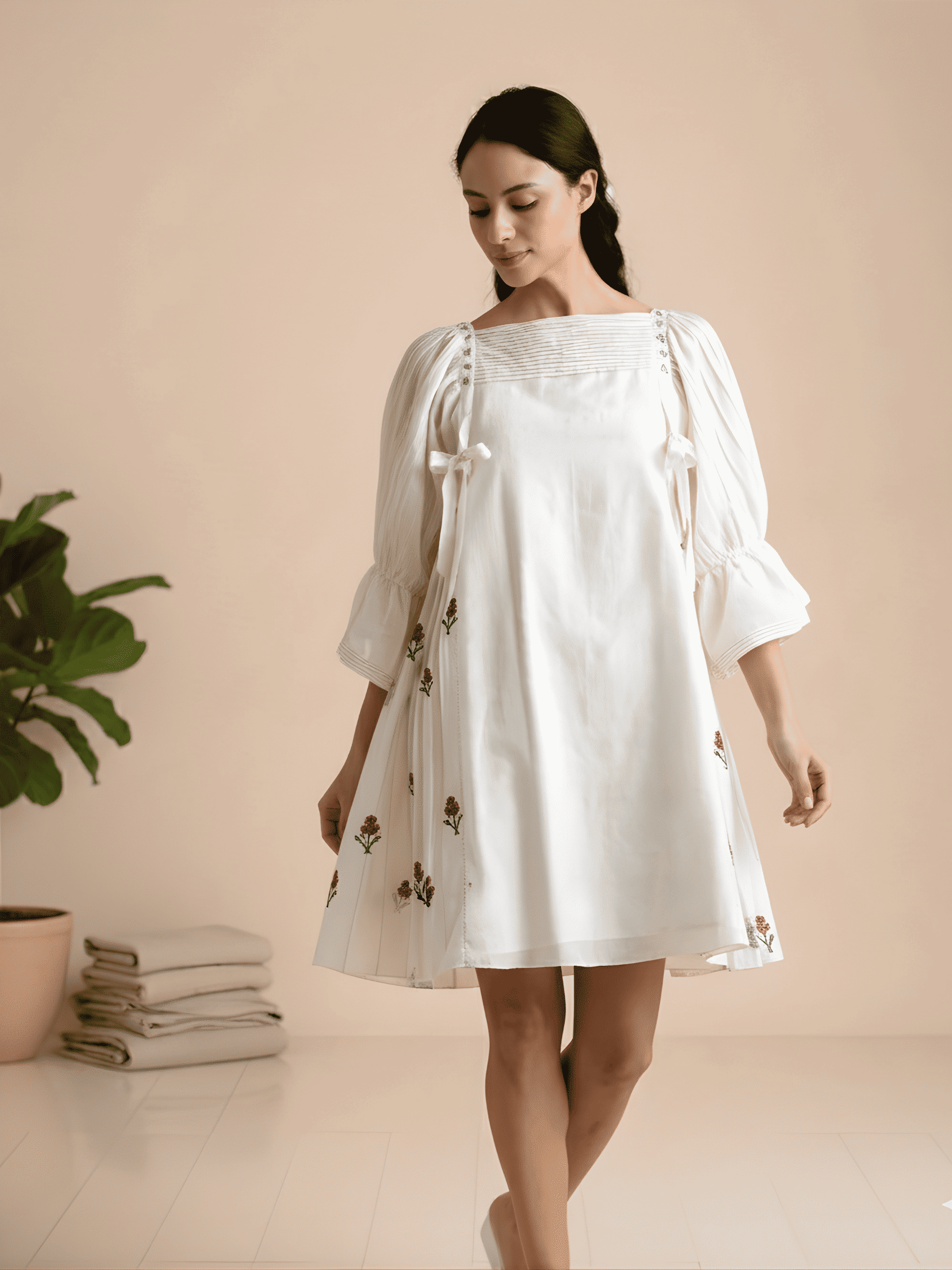 Embroidered Pintuck Dress With Tassels