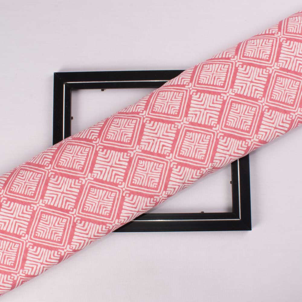 Abstract Pink White Screenprinted Pure Khadi 90 GSM Handwoven Fabric 55