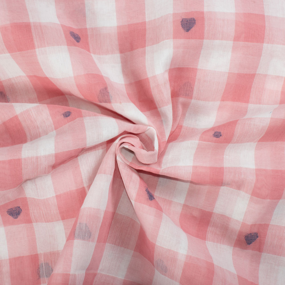 Check White Pink Jamdani Pure Cotton 55 GSM Handwoven Fabric