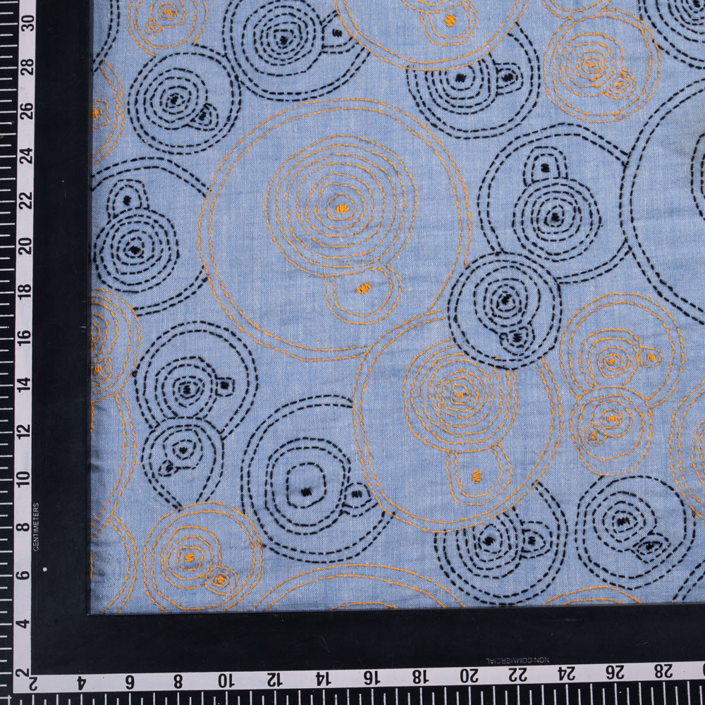 GEOMETRIC BLUE KANTHA EMBROIDERED KHADI COTTON 129 GSM HANDWOVEN FABRIC