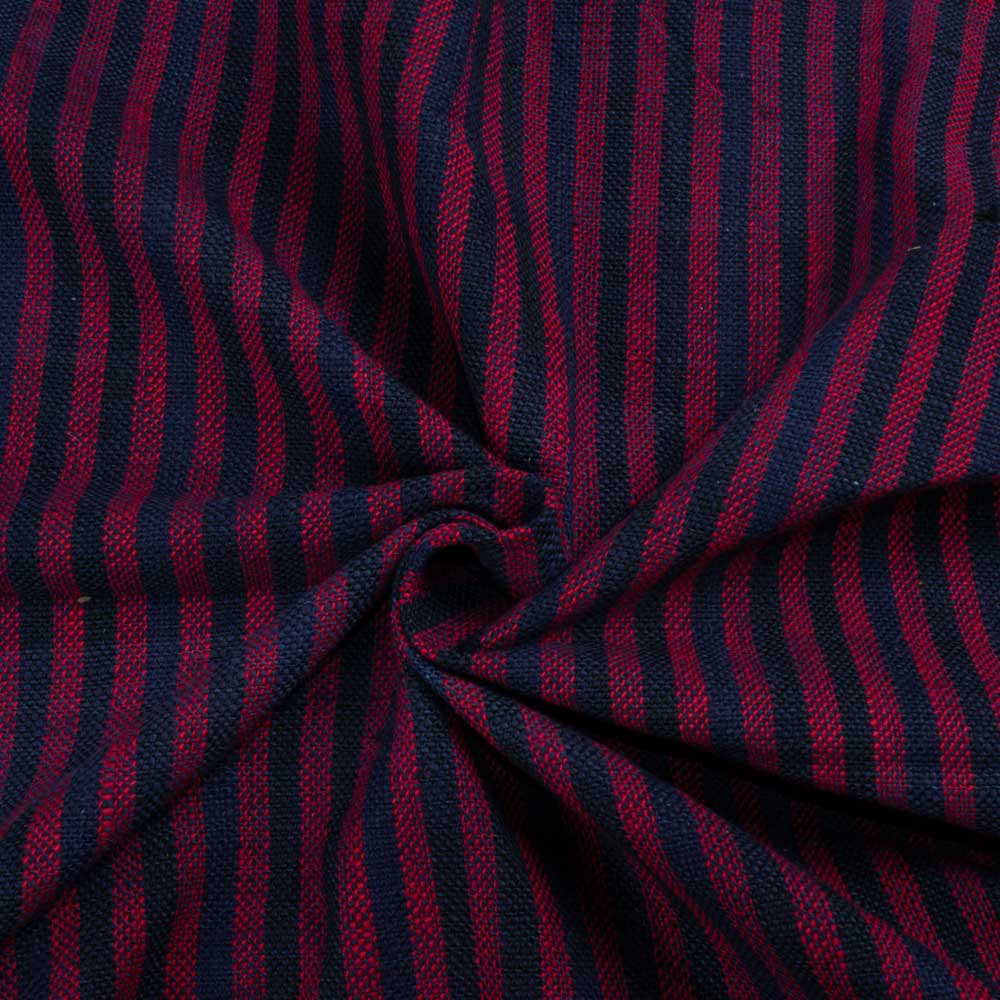 Stripe Blue & Red Pure Khadi Fabric - 300 GSM Handspun & Handwoven
