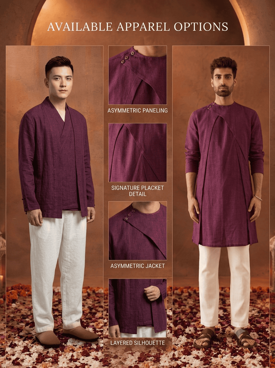 Layered kurtas for men with contemporary festive detailing.
