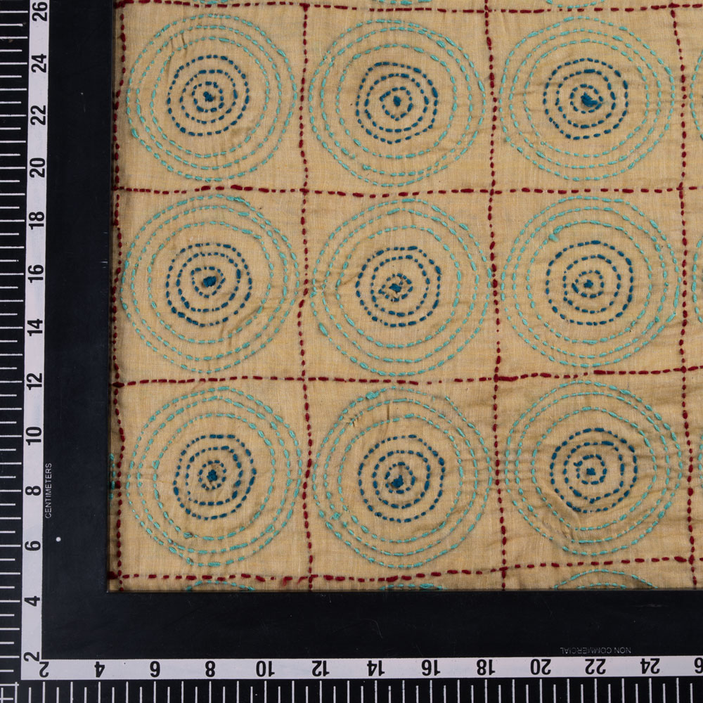 GEOMETRIC YELLOW KANTHA EMBROIDERED KHADI COTTON 100 GSM HANDWOVEN FABRIC