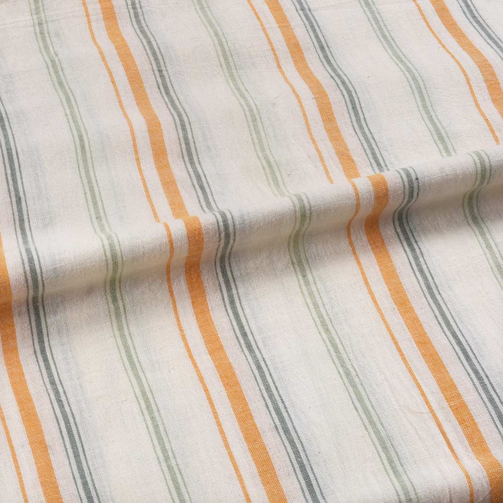 STRIPE WHITE ORANGE & GREEN PURE COTTON 89 GSM HANDWOVEN FABRIC