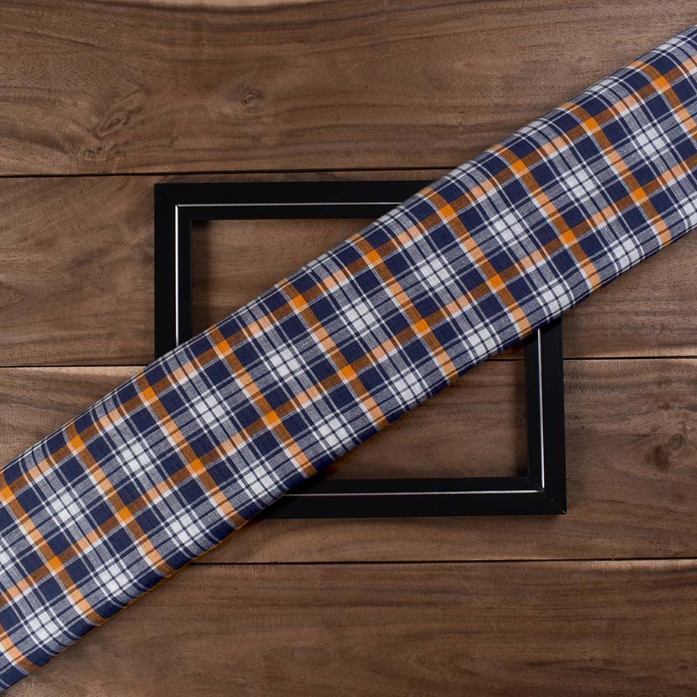 Check Blue & Orange Pure Cotton 91 GSM Handwoven Fabric