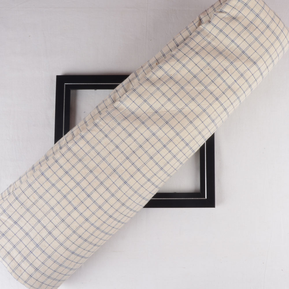 Check Cream & Blue Pure Khadi Fabric - 118 GSM Handspun & Handwoven