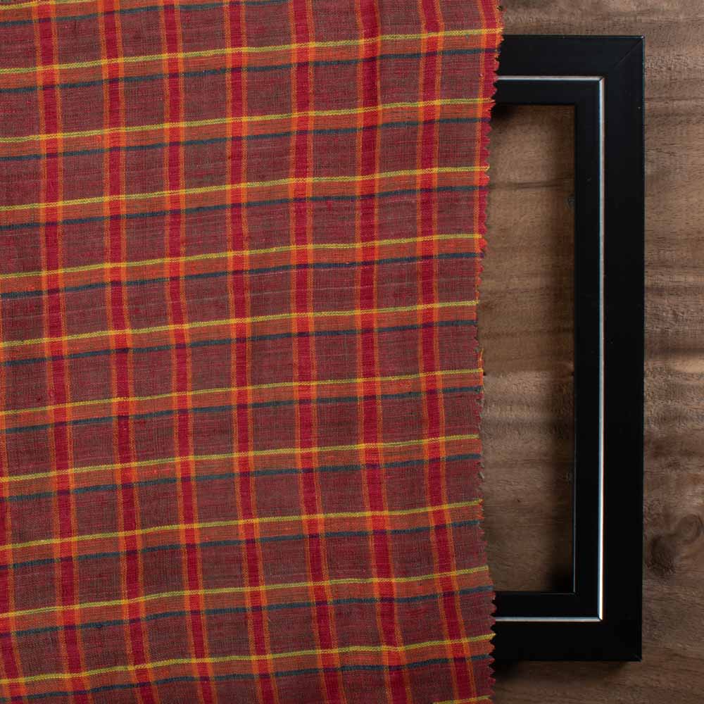 CHECK MAROON PURE LINEN 116 GSM HANDWOVEN FABRIC