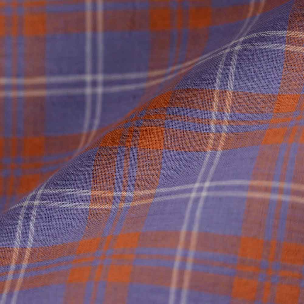 CHECK ORANGE & PURPLE PURE COTTON 94 GSM HANDWOVEN FABRIC