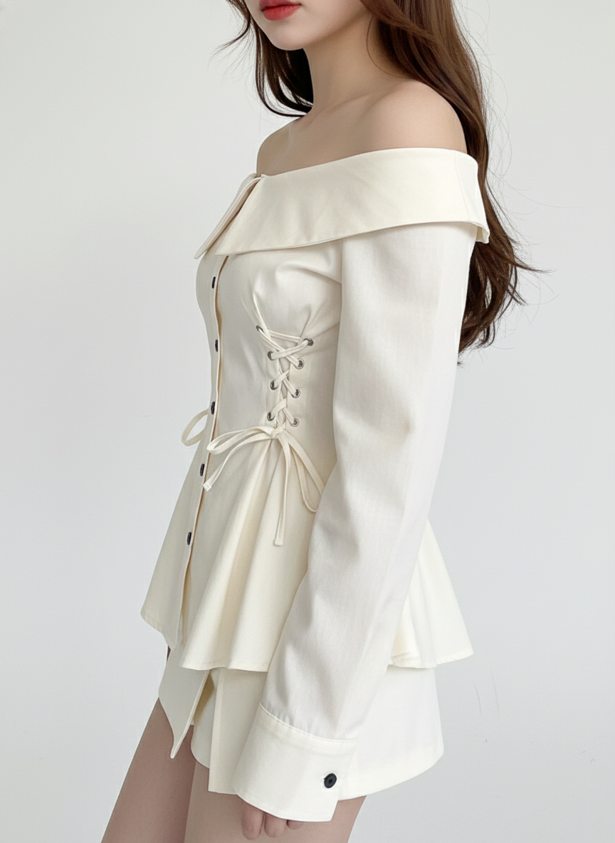 Buttoned Off Shoulder Top With Corset Ties