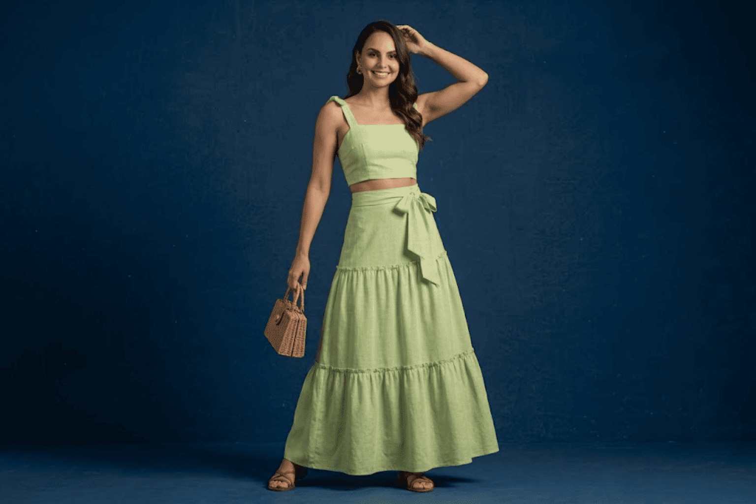 Green cropped top and long bow tied skirt co ord set for Durga Puja