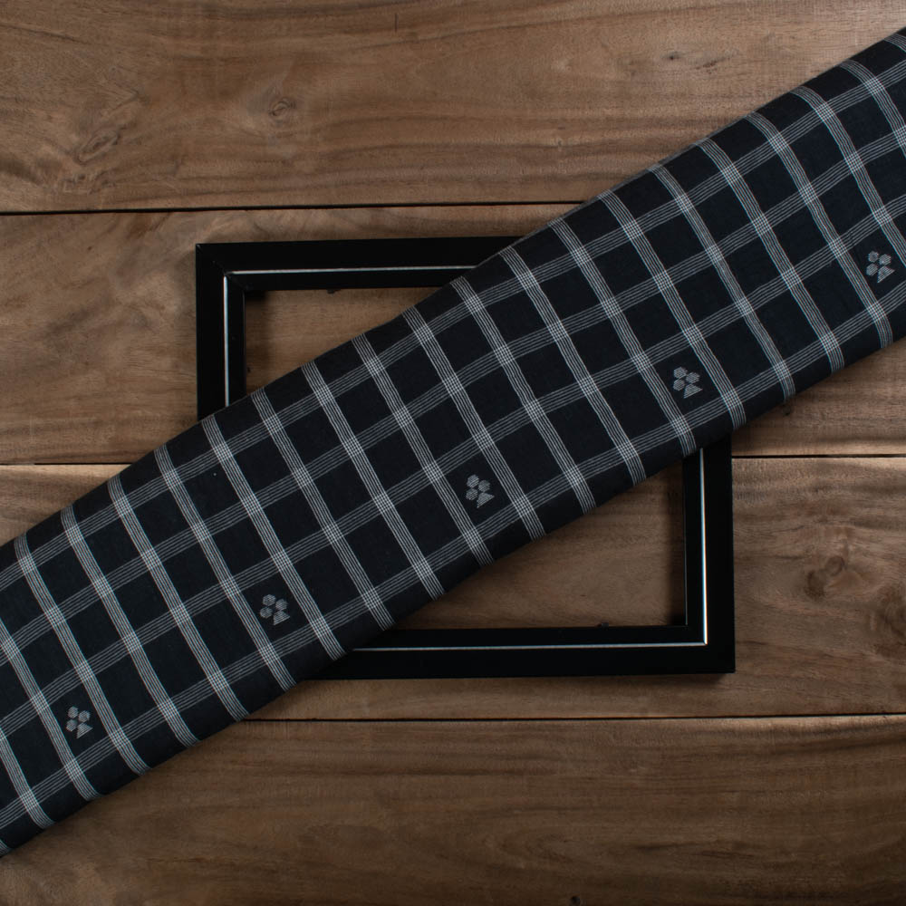 Black Base White Check Jamdani Pure Cotton 70 GSM Handwoven Fabric