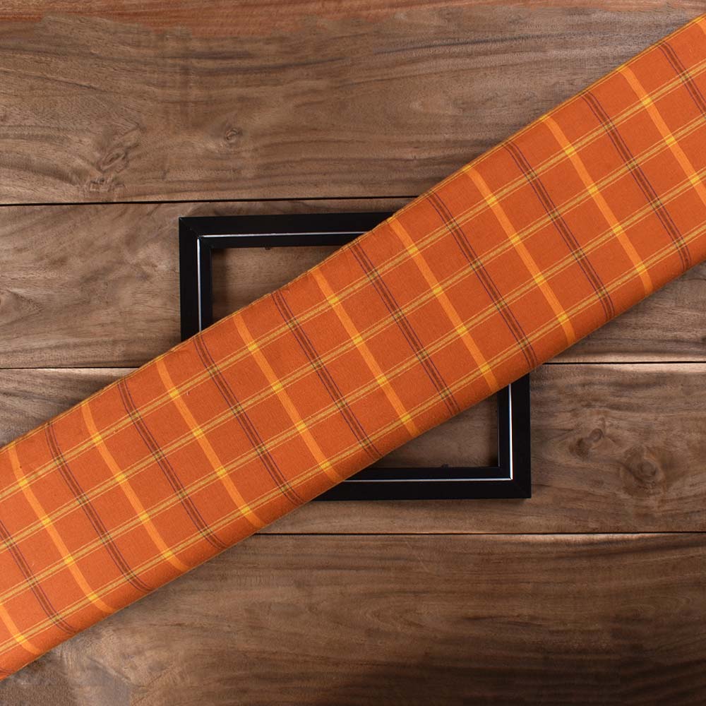 Check Orange Pure Cotton 96 GSM Handwoven Fabric