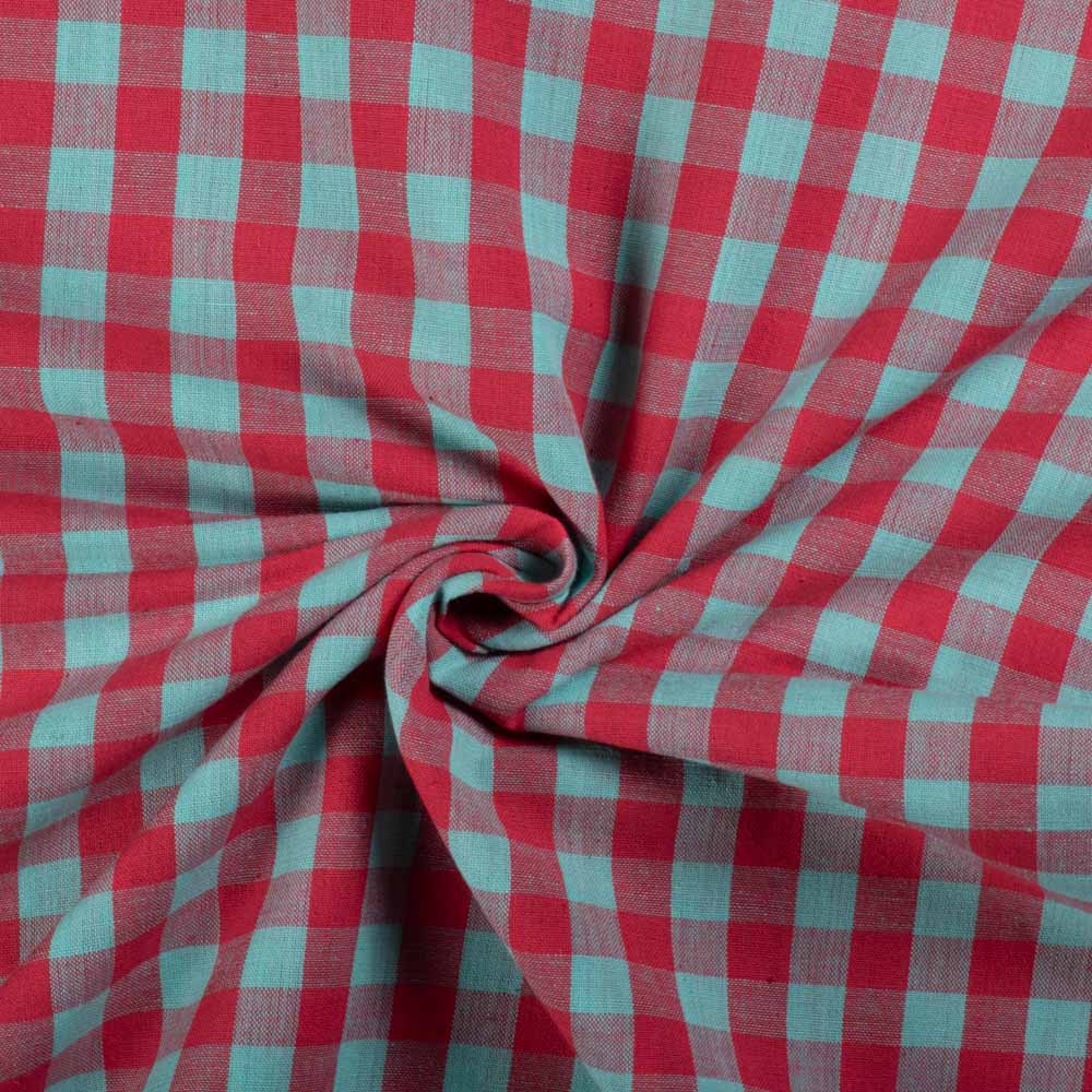 Check Red and Sky Pure Cotton 100 GSM Handwoven Fabric 751
