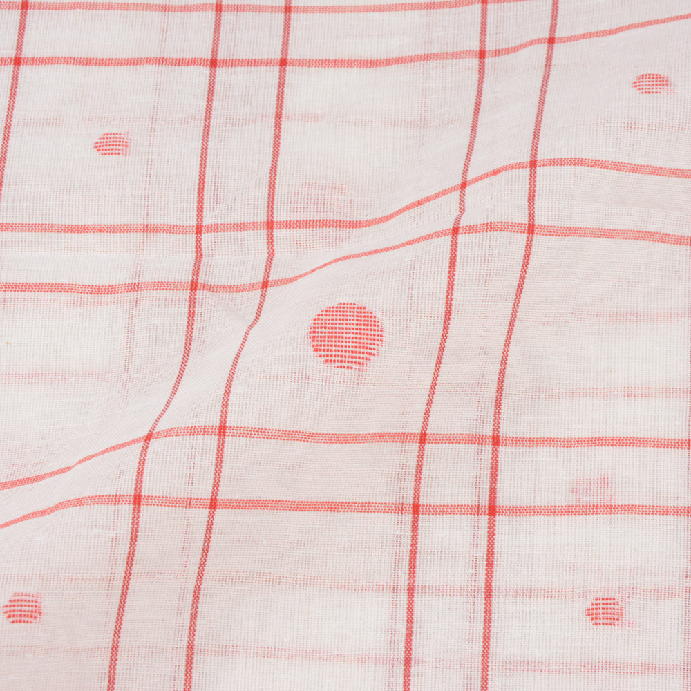 CHECK RED & WHITE JAMDANI PURE HANDWOVEN COTTON 55 GSM FABRIC