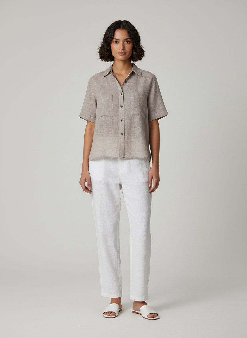 Crop Shirt With double side pocket -Short Sleeves-Center Placket 