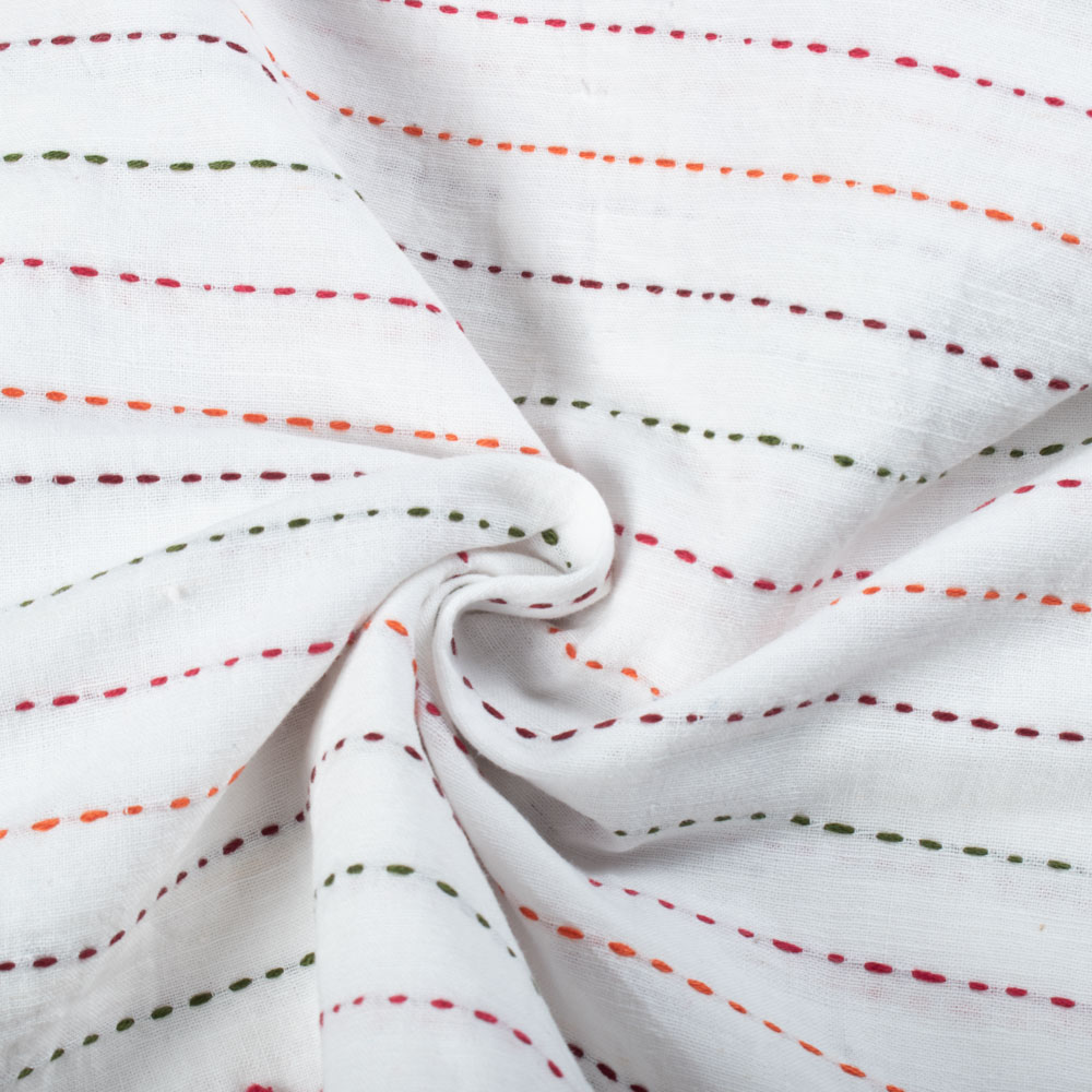 Stripe White Kantha Embroidered Pure Khadi Handspun & Handwoven 133 GSM Fabric