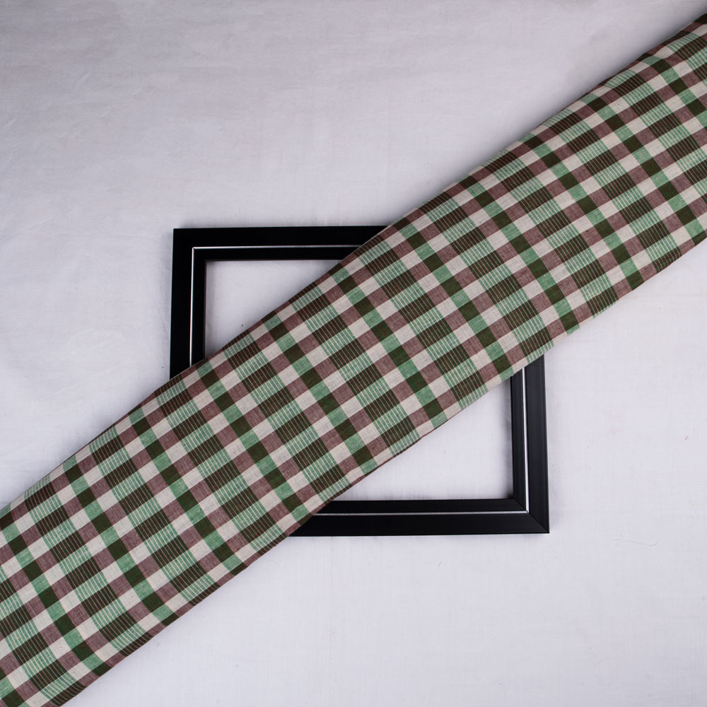 Check Green & Brown Pure Cotton 65 GSM Handwoven Fabric