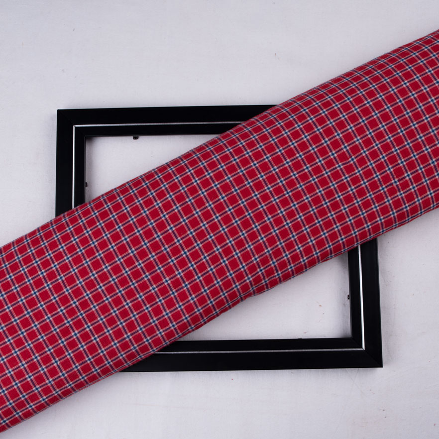 Check Red Blue Pure Cotton 86 GSM Handwoven Fabric 203