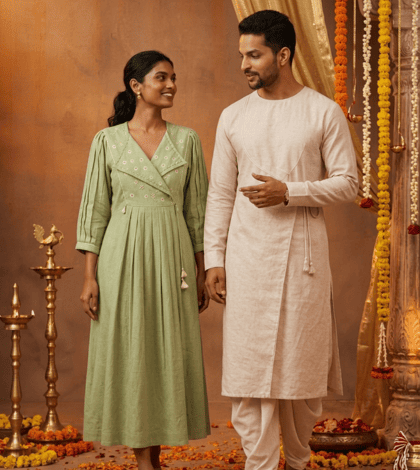 Styling Traditional Wrapped Dress for women and Layered Angrakha Wrapped Kurta for men.