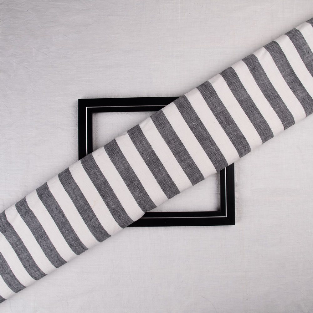 Stripe Black & White Pure Khadi 201 GSM Handspun & Handwoven Fabric