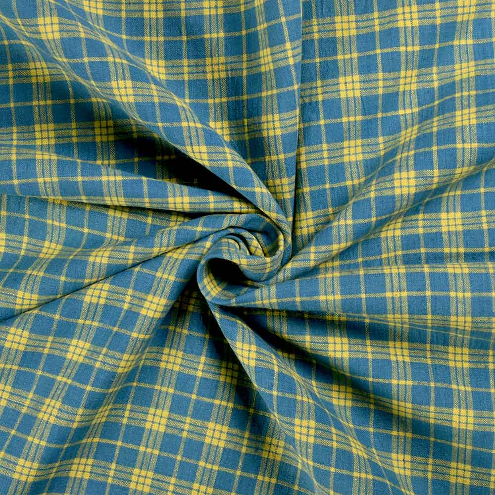 Check Yellow & Teal Pure Cotton 103 GSM Handwoven Fabric