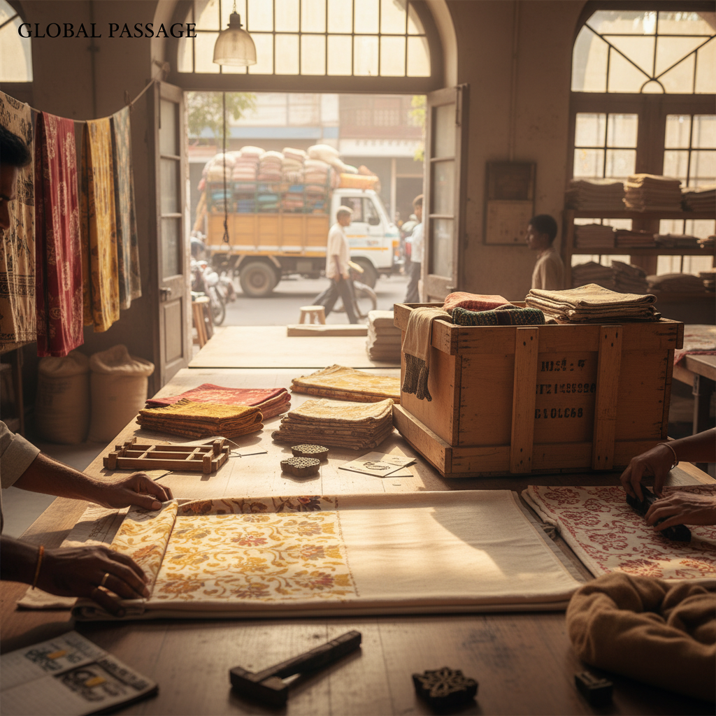 Global logistics and shipping process for exporting khadi fabric from India to international markets.